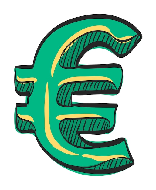 Значок символа валюты евро на нарисованной вручную цветной векторной иллюстрации
