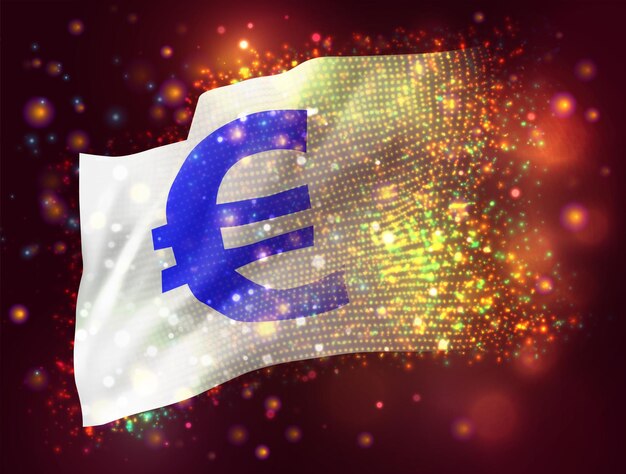 Euro currency vector 3d flag on pink purple background with lighting and flares