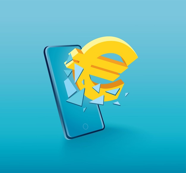Значок евро, пробивающий экран смартфона