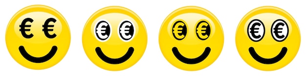 Евро смайлик смайлик. Желтый 3d смайлик с черно-белыми символами евро вместо глаз.