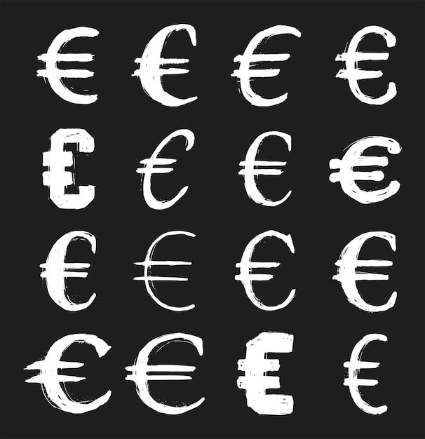 Euro valuta vector hand getekende symbool ingesteld op zwarte achtergrond