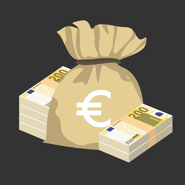 Euro vector illustration europe money set bundle banknotes money bag 200 eur