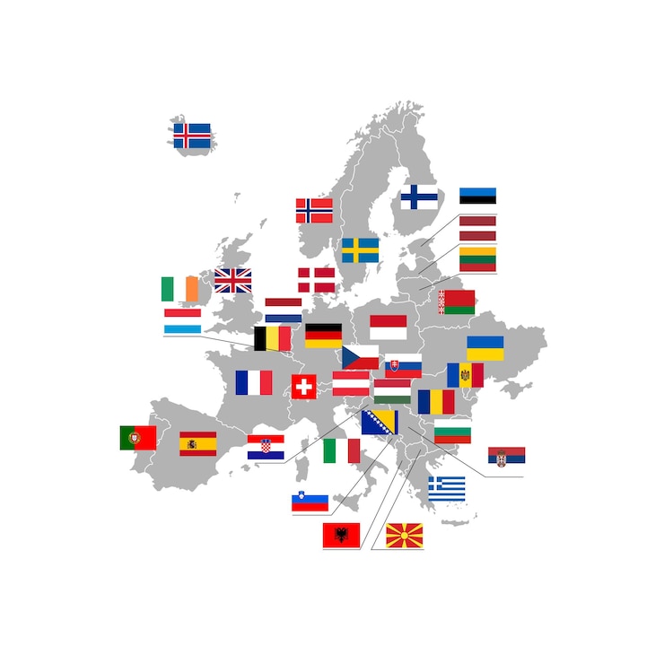 Vector europa kaart en vlag iconen aardrijkskunde grenzen van europese landen vector