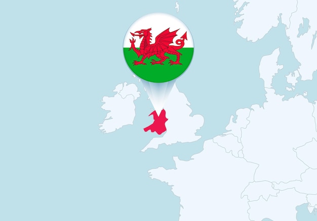 Europa met geselecteerde kaart van Wales en vlagpictogram van Wales