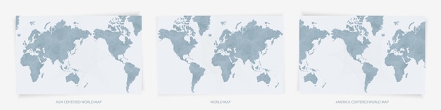 유럽, 아시아 및 미국은 세계지도를 중심으로했습니다. 파란색 세계지도의 세 가지 버전.
