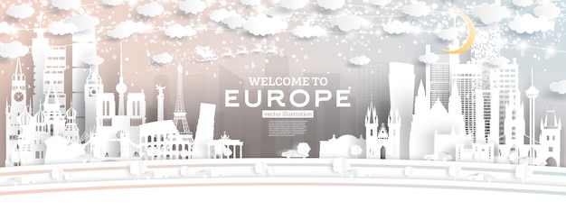 Orizzonte della città dell'europa in stile taglio carta con fiocchi di neve, luna e ghirlanda al neon. illustrazione di vettore. concetto di natale e capodanno. babbo natale sulla slitta.