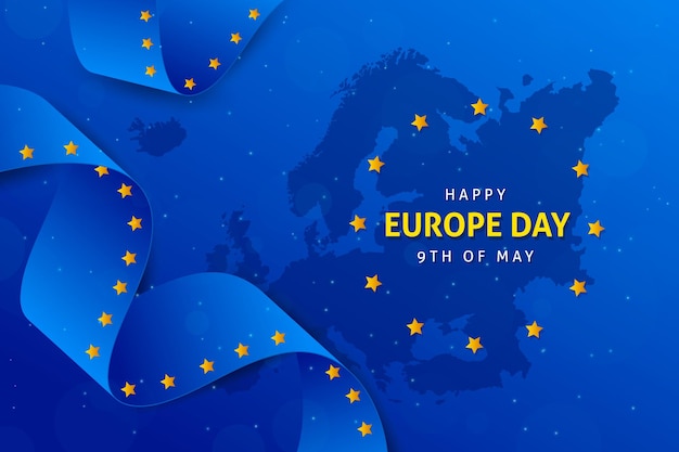 Giorno dell'europa 3 maggio bandiera a nastro ondulato su sfondo blu bandiera della giornata dell'indipendenza dell'europa