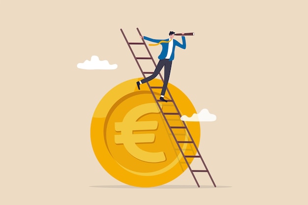 Europe economy forecast or vision EU financial or economics recession ahead look to see future concept businessman investor climb up ladder on Euro money coin look on telescope for clear vision