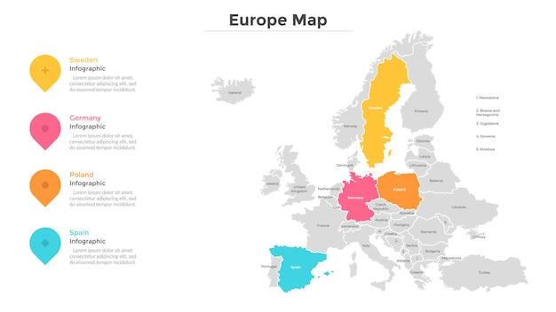 Vettore mappa dell'europa o dell'unione europea divisa in stati o paesi con confini moderni. indicazione località turistica. modello di progettazione infografica. illustrazione vettoriale per presentazione, brochure, sito web.