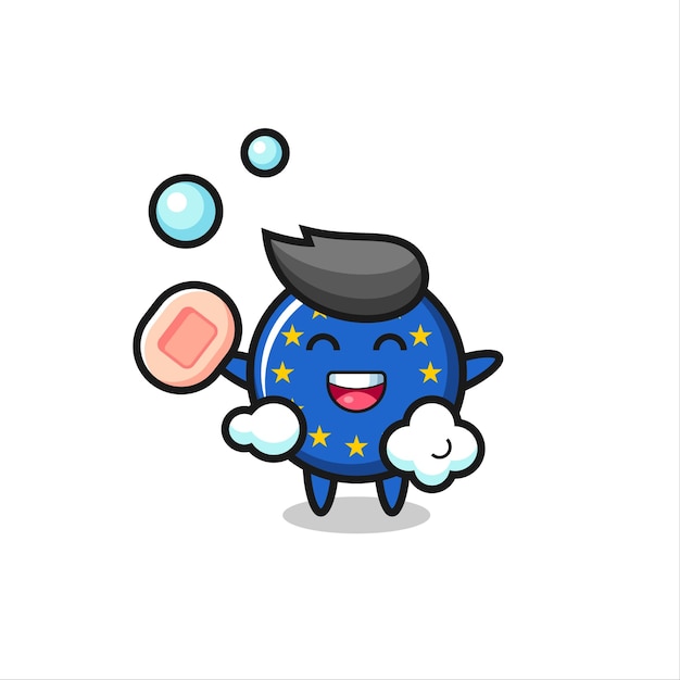 Europe flag badge character is bathing while holding soap