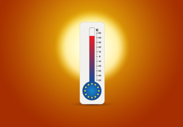 Europe heat wave concept vector background, glowing sun on orange sky with thermometer.