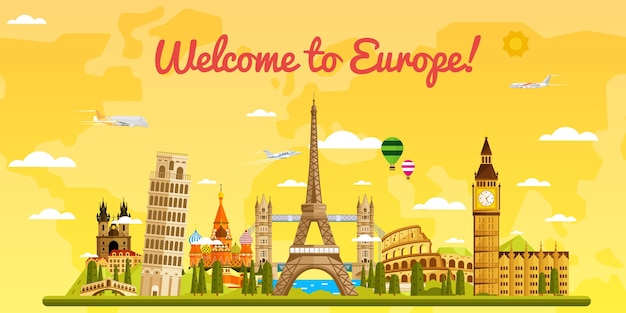 Europe skyline with world famous sightseeing poster