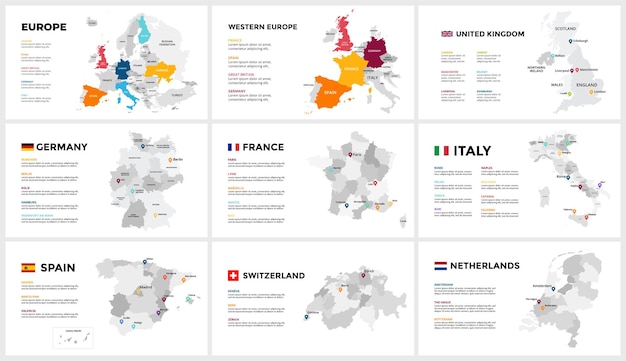 유럽 벡터 지도 Infographic 템플릿 슬라이드 프레젠테이션 영국 독일 프랑스 이탈리아 스페인