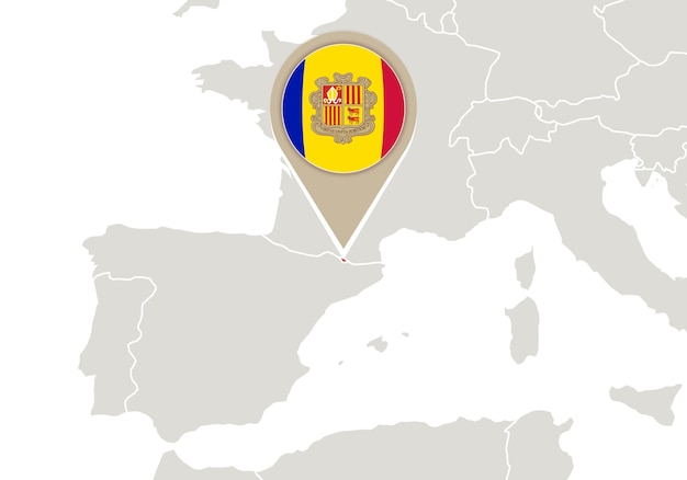 Европа с выделенной картой и флагом Андоры