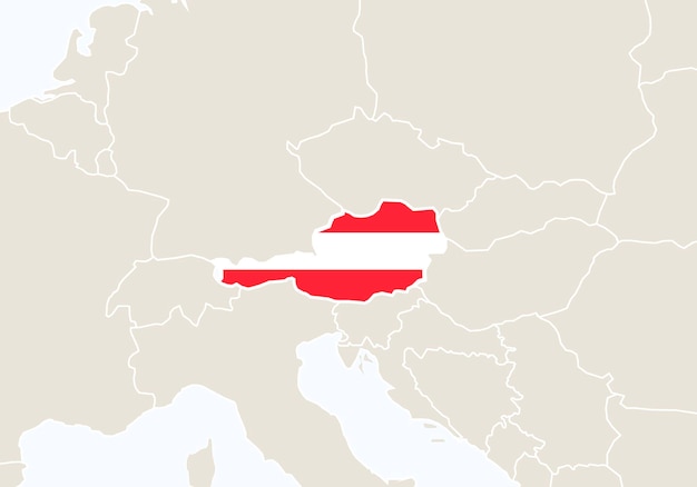 オーストリアの地図が強調表示されたヨーロッパ。ベクトルイラスト。