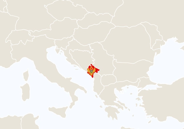 モンテネグロの地図が強調表示されたヨーロッパ。ベクトルイラスト。