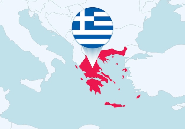 Europe with selected Greece map and Greece flag icon