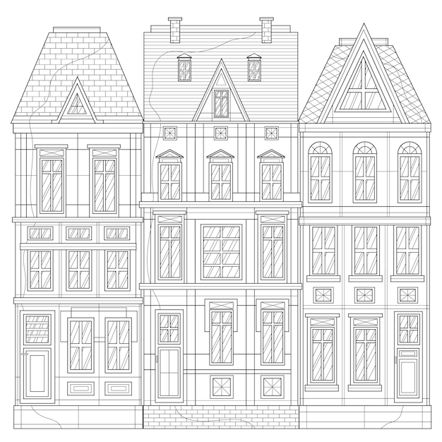 ヨーロッパの建物。 house.coloringbook子供と大人のための抗ストレス。白い背景で隔離のイラスト。黒と白の描画。アウトラインスタイル。