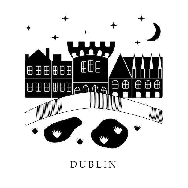 European capitals, Dublin. Black and white illustration
