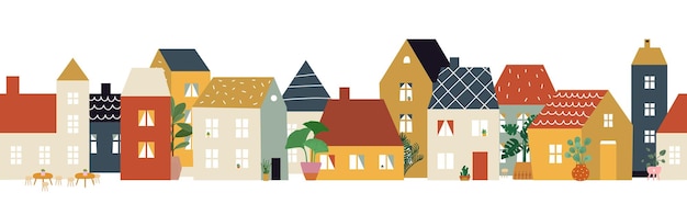 Vector european city street pattern. restaurant cafe district, house facade banner. flat neighborhood, cute tiny buildings and plants, home or shop front view illustration. old town vector building city