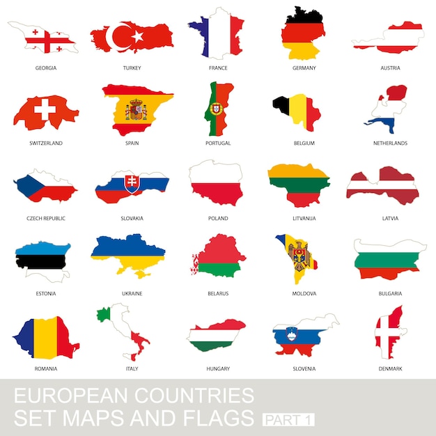 European countries set, maps and flags, part 1