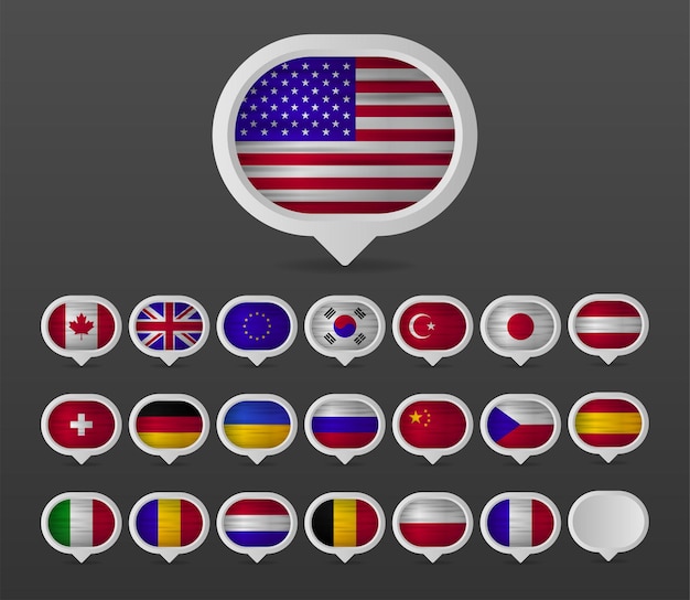 Bandiere europee raccolta di bandiere realistiche nel design del punto mappa. prodotto in europa. illustrazione vettoriale.