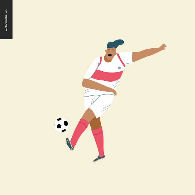 Vettore calcio europeo, giocatore di calcio - illustrazione piatto di vettore di un giovane che indossa l'attrezzatura europea del giocatore di football americano che dà dei calci ad un pallone da calcio