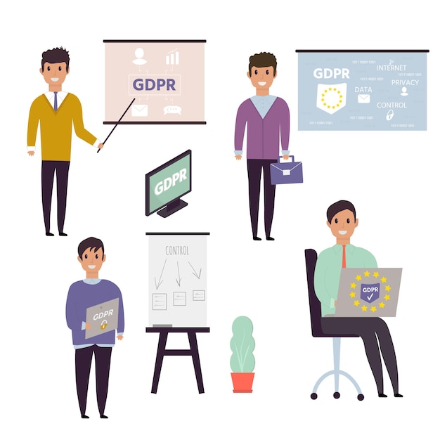 유럽 일반 데이터 보호 규정. 캐릭터가 있는 GDPR 개념. 개인 데이터 보호 및 제어에 대한 일반 규칙 및 아이디어. 벡터 일러스트 레이 션.