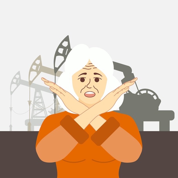 Vector european grandmother crossing arms. oil platforms pumping petroleum, pump jack. elderly old woman