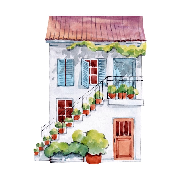 European house watercolor illustration