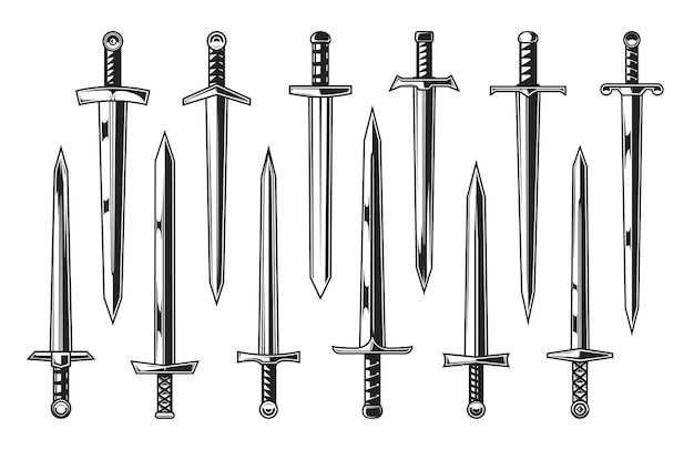 ヨーロッパの騎士中世の剣、紋章。まっすぐな剣、短剣、ナイフ、ブロードソードがセットされた中世の戦士のベクトル武器、両刃の刃と華やかな柄を備えたナイトリーの武装武器