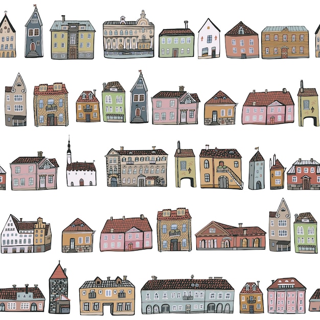 Vector european little houses vector seamless pattern