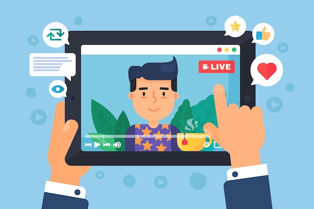 European male web streamer concept illustration. Online broadcast on tablet display semi flat cartoon drawing. Man watching social live stream.