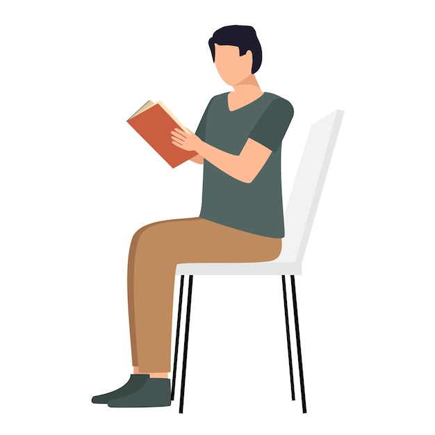 Европейский мужчина сидит на стуле и читает книгу. Векторная иллюстрация.