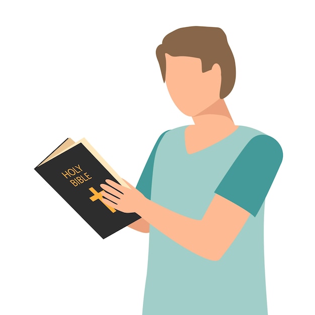 European man read a book. Boy reading the Holy Bible. Vector illustration.