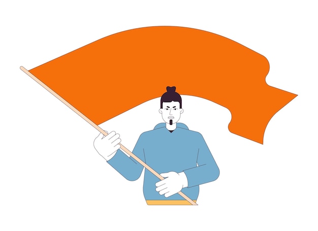 European man waving flag flat line color vector character Revolution Protest march Editable outline half body person on white Simple cartoon spot illustration for web graphic design