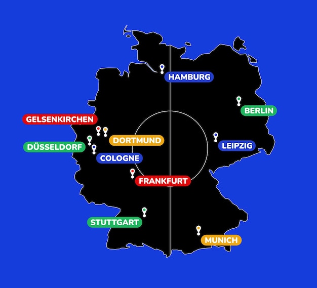 Coppa d'europa di calcio delle squadre nazionali 2024 mappa della germania che indica le principali città della germania