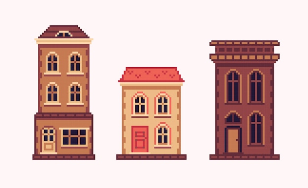 Вектор Пиксельный набор европейского старого дома. коллекция исторической городской архитектуры. 8 битный спрайт.