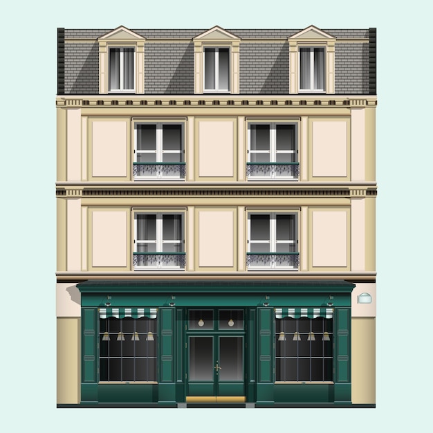 Европейское старомодное кирпичное здание в реалистическом стиле фасадный вид старомодного дома традиционная архитектура цветная векторная иллюстрация, изолированная на белом фоне