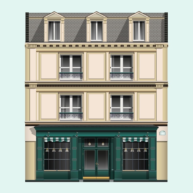 European oldfashioned brick building in realistic style Facade front view of oldfashioned house Traditional architecture Colorful vector illustration isolated on white background