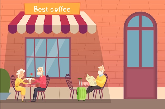 Caffè di strada europeo. i viaggiatori anziani bevono il caffè sulla terrazza. gli anziani con i bagagli si rilassano illustrazione vettoriale. caffè di strada europeo, ristorante di costruzione di città