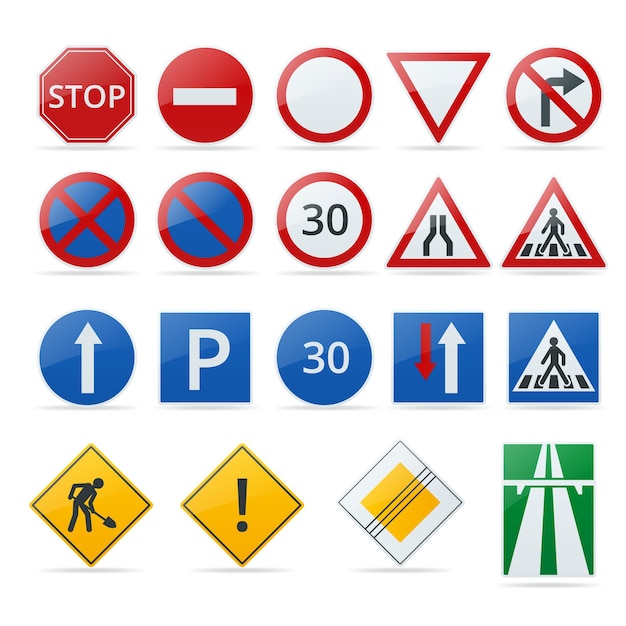 Vector european traffic signs collection. signs of danger. mandatory signs. signs of obligations. signs of alerts