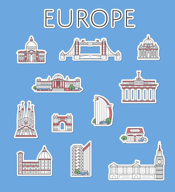 Vector european traveling labels set in linear style