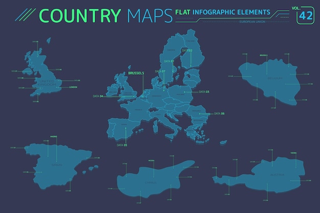 Unione europea austria belgio cipro spagna e regno unito mappe vettoriali