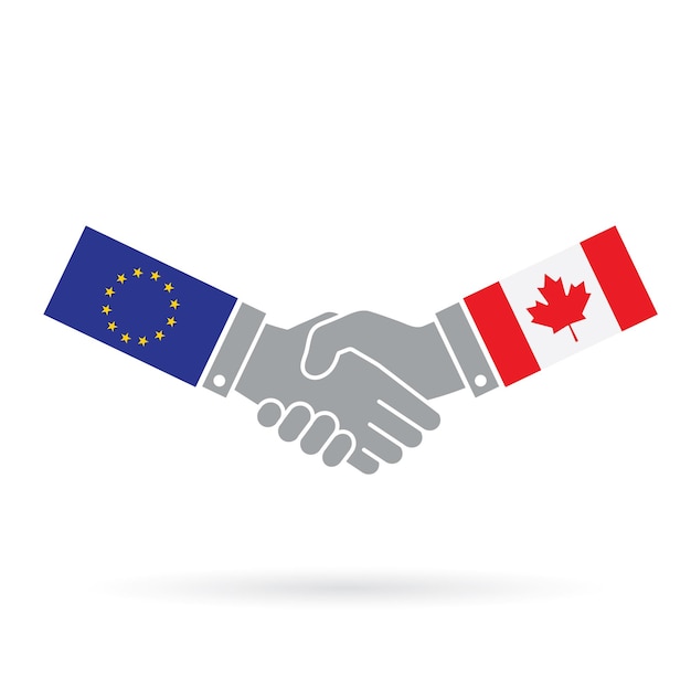 Vettore accordo commerciale di stretta di mano tra unione europea e canada