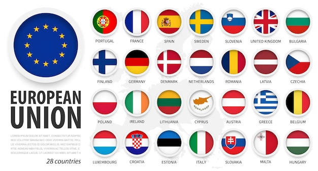 Европейский союз ес и флаги членства плоский простой дизайн элемента круга с белой рамкой изолированный фон и карта европы вектор