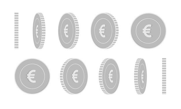 Set di monete rotanti euro unione europea, animazione pronta. rotazione monete d'argento eur in bianco e nero.