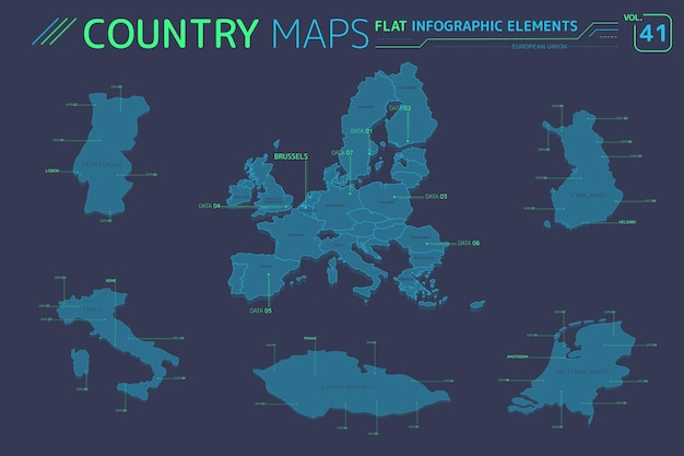 欧州連合フィンランドチェコ共和国オランダポルトガルとイタリアの地図