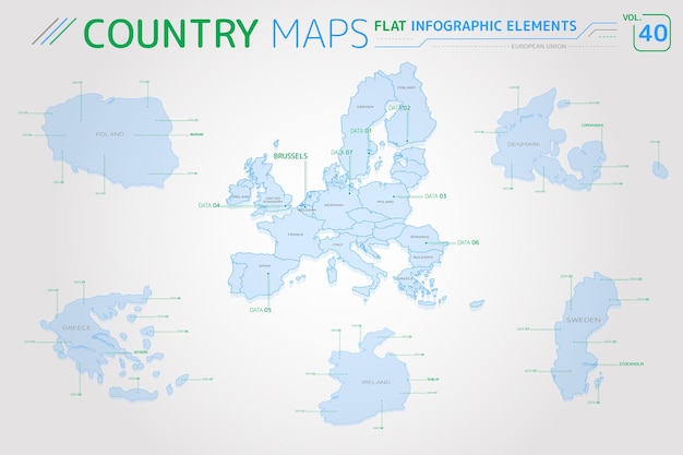 European union poland sweden greece ireland and denmark vector maps