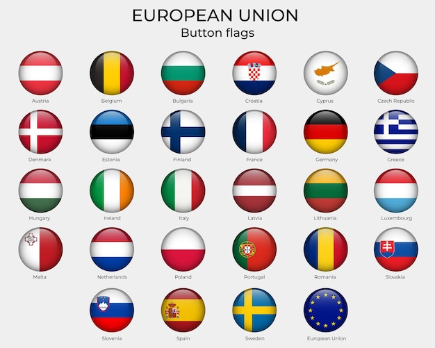 Bandiere rotonde dell'unione europea pulsante bandiere dell'ue insieme di bandiere rotonde europa flag icone